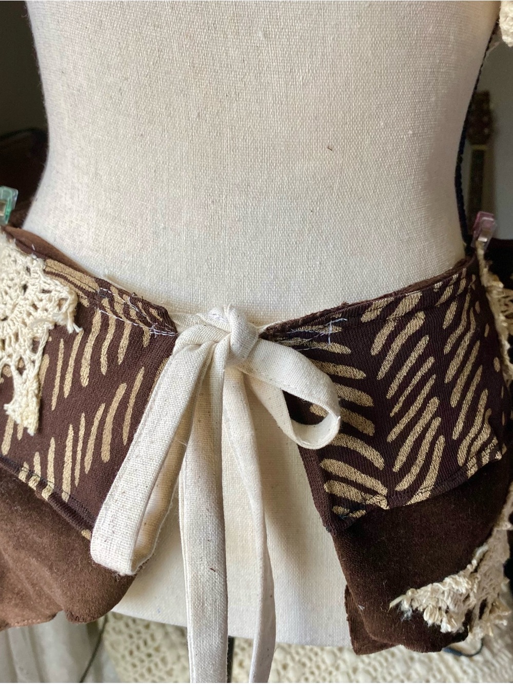 Boho Brown & Cream Circle Skirt with Tie Waist Festival wrap belt skirt